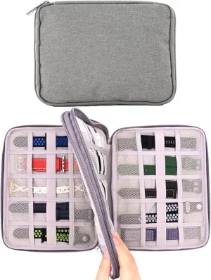 PINHEN Watch Bands Storage Bag,Nylon Watch Band Organizer Bag Carrying Case Travel Watch Straps Carrying Bag Pouch for iWatch Bands, Watch Band Pin, Cable(Gray, Double Layer-L)