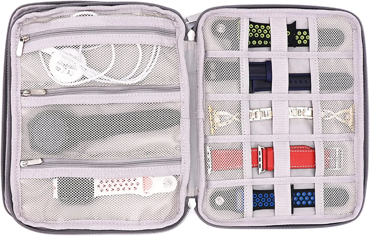 PINHEN Watch Bands Storage Bag,Nylon Watch Band Organizer Bag Carrying Case Travel Watch Straps Carrying Bag Pouch for iWatch Bands, Watch Band Pin, Cable(Gray, Double Layer-L)