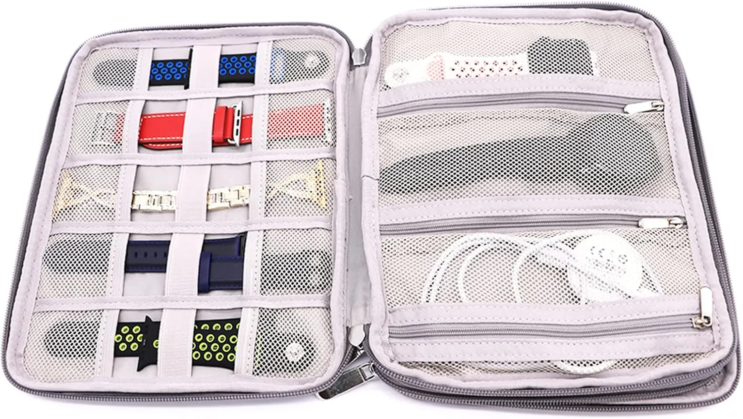 PINHEN Watch Bands Storage Bag,Nylon Watch Band Organizer Bag Carrying Case Travel Watch Straps Carrying Bag Pouch for iWatch Bands, Watch Band Pin, Cable(Gray, Double Layer-L)