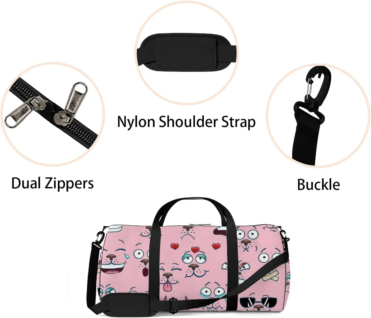 Pink Kawaii Cute Cartoon Face Sports Bag Tote Bag Waterproof Gym Bag with Shoulder Strap Zipper 2 Side Pockets for Men and Women, Travel and Storage Shoulder Bag.