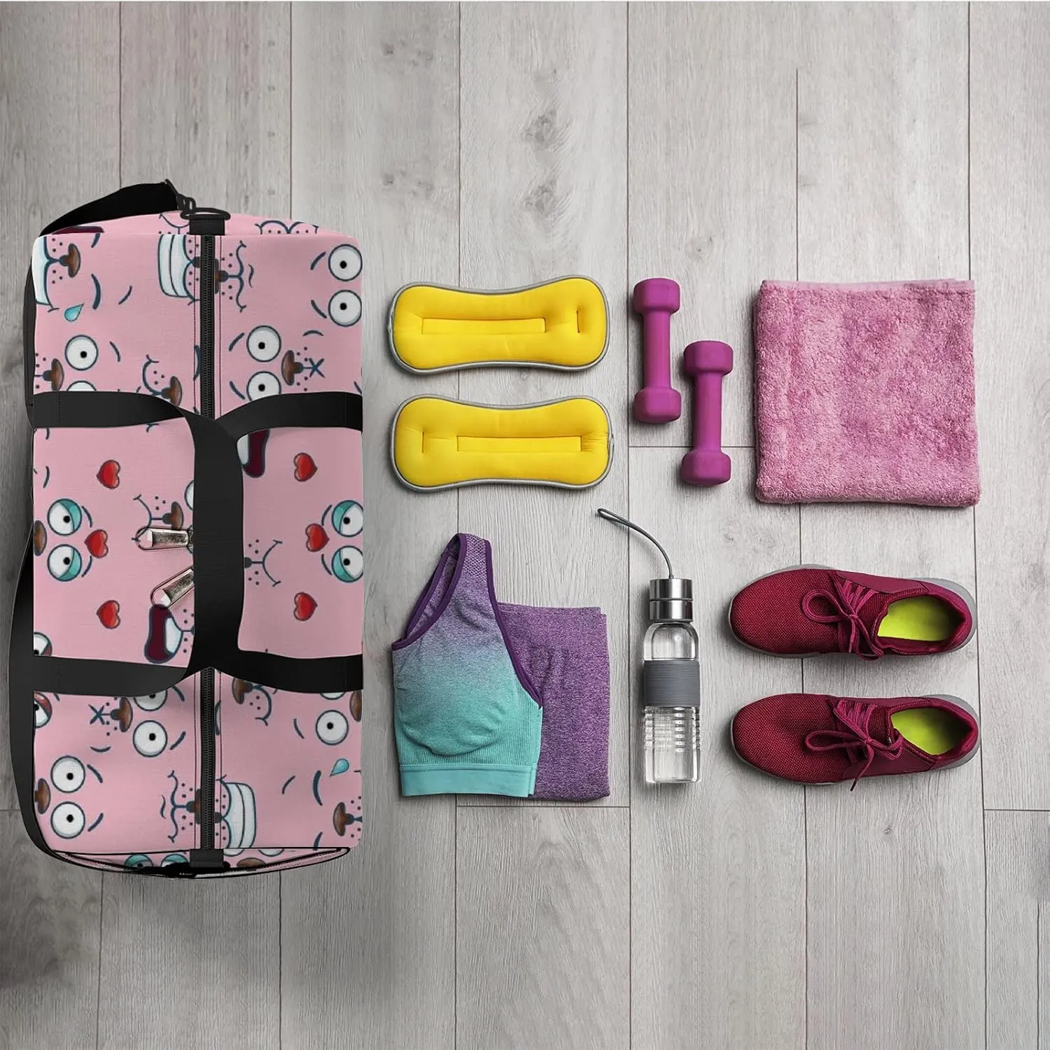 Pink Kawaii Cute Cartoon Face Sports Bag Tote Bag Waterproof Gym Bag with Shoulder Strap Zipper 2 Side Pockets for Men and Women, Travel and Storage Shoulder Bag.