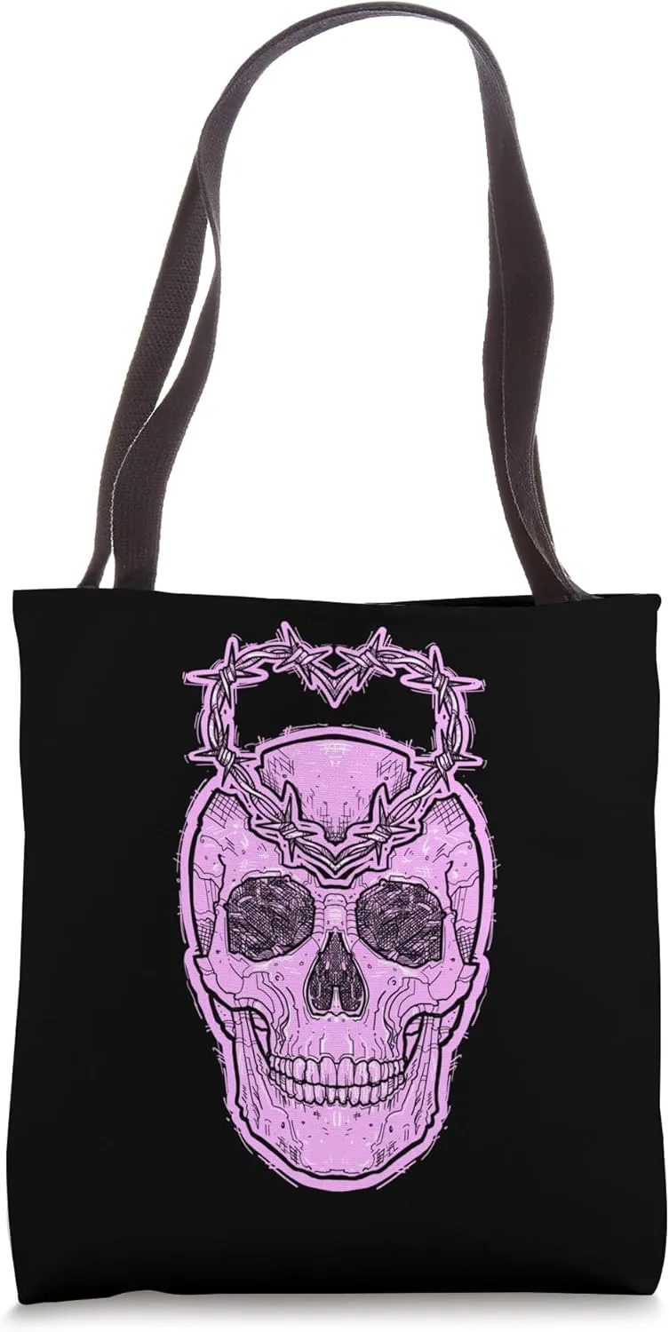 Pink skull barb wire heart barbed wire pastel goth style Tote Bag