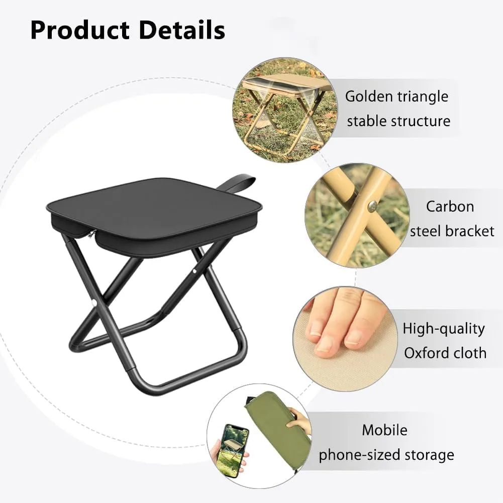 Portable Folding Stool for Camping & Hiking - Ultralight Backpack Stool with Phone Pocket, Supports 260Lbs for Outdoor, Beach, Fishing & Travel (Black, 12.2" High)