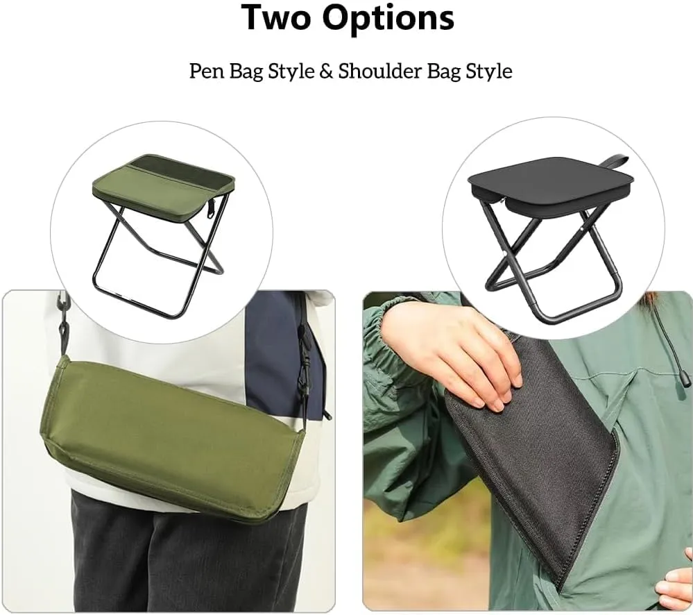Portable Folding Stool for Camping & Hiking - Ultralight Backpack Stool with Phone Pocket, Supports 260Lbs for Outdoor, Beach, Fishing & Travel (Black, 12.2" High)