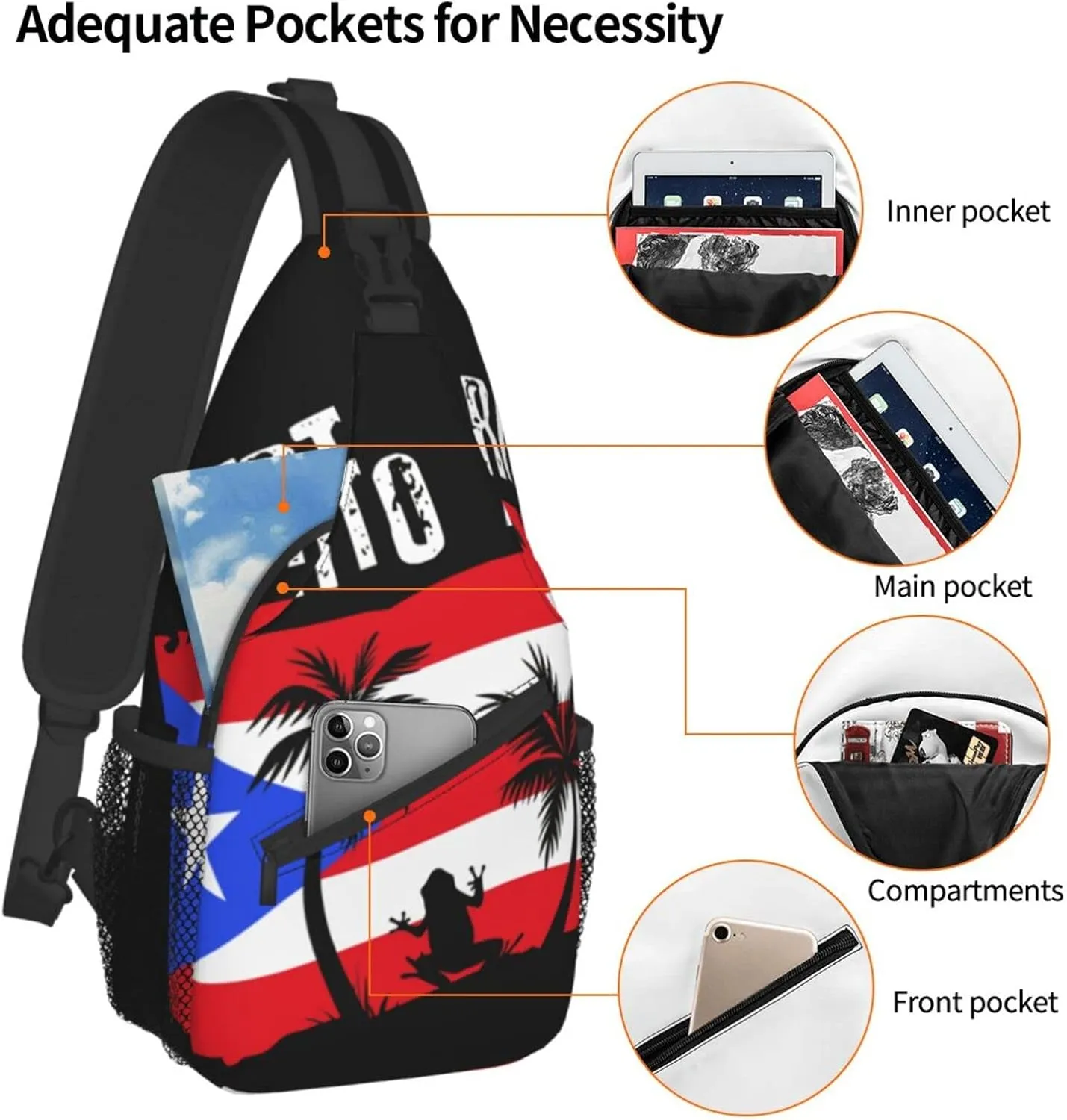 Puerto Rico Rican Flag Sling bag/Crossbody Backpack/Puerto Rican Shoulder Bag for Men For Women, Travel, Hiking, Work