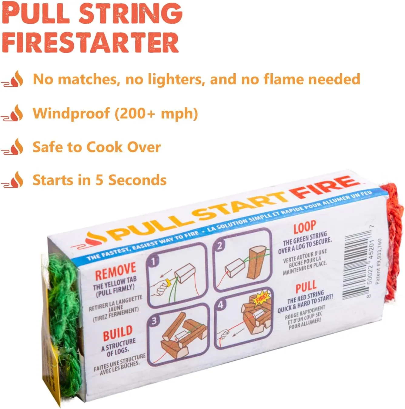 Pull Start Fire Pull String Firestarter | No Matches Required, Fire Starts in Seconds | for Campfires, Grill, Fireplace, BBQ | Lights Wet Wood, Easy to Use, Food Safe and Weather Resistant