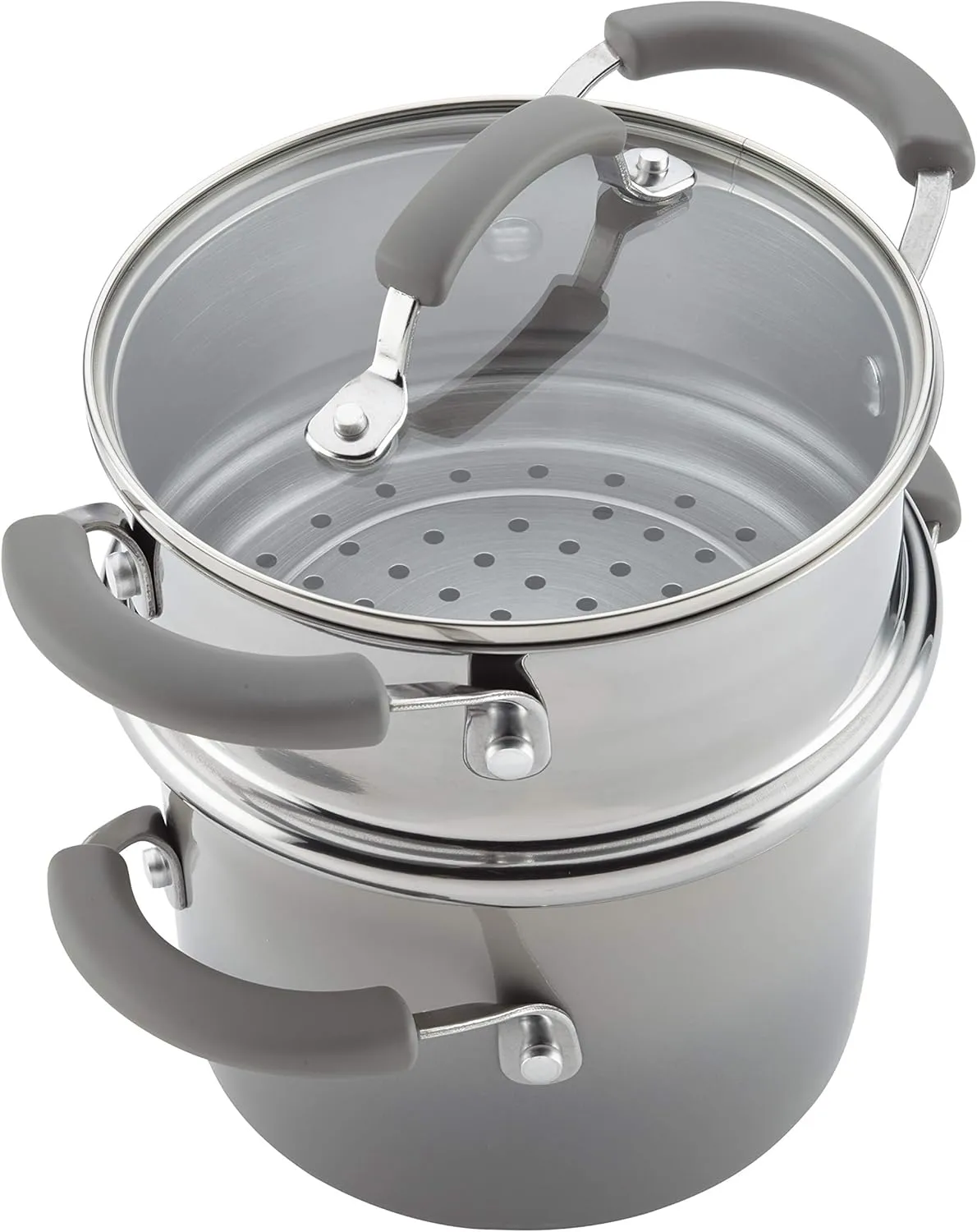 Rachael Ray Brights Sauce Pot/Saucepot with Steamer Insert, 3 Quart, Two-Tone Sea Salt Gray