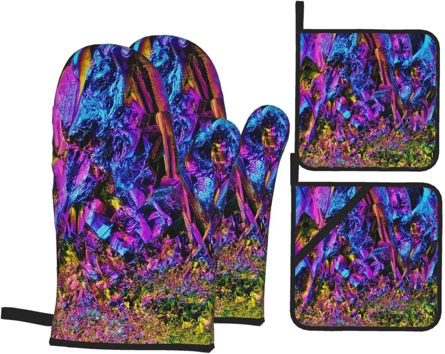 Rainbow Titanium Glass Oven Mitts and Pot Holders Set Heat Resistant Non-Slip Kitchen Gloves Washable Microwave Gloves with Soft Cotton Lining for Cooking Baking Grilling Barbecue