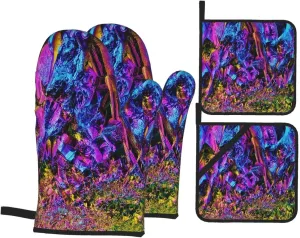 Rainbow Titanium Glass Oven Mitts and Pot Holders Set Heat Resistant Non-Slip Kitchen Gloves Washable Microwave Gloves with Soft Cotton Lining for Cooking Baking Grilling Barbecue