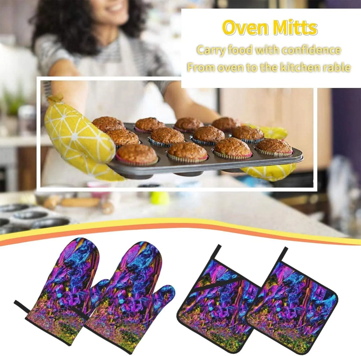 Rainbow Titanium Glass Oven Mitts and Pot Holders Set Heat Resistant Non-Slip Kitchen Gloves Washable Microwave Gloves with Soft Cotton Lining for Cooking Baking Grilling Barbecue