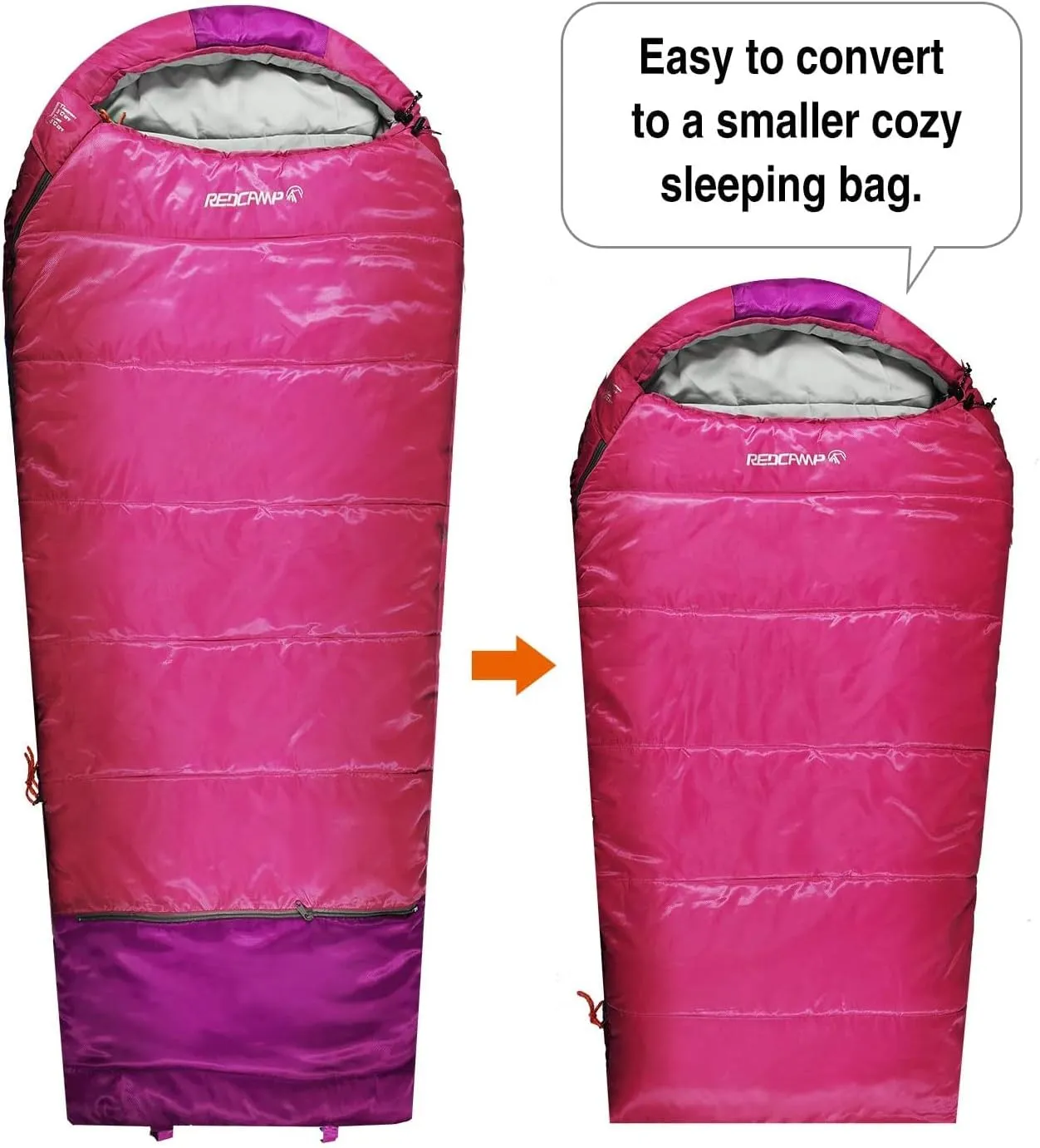 REDCAMP Kids Mummy Sleeping Bag for Camping, 3 Season Cold Weather Sleeping Bag Fit Boys,Girls & Teens, Blue/Rose Red