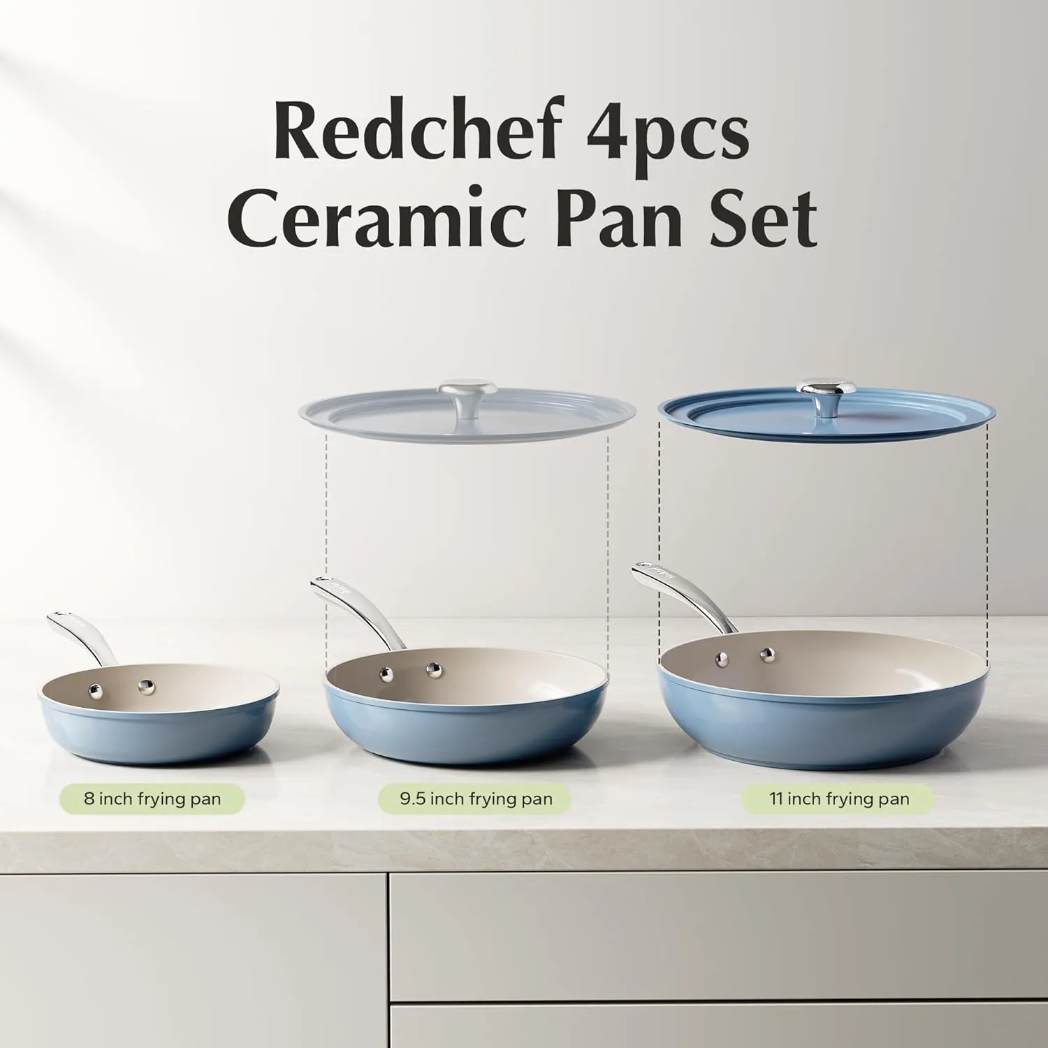 Redchef Nonstick Frying Pans Set, 4-Piece Ceramic Cookware Set, 8" 9.5" 11" Saute Pan Skillet, Non Toxic Pans for Cooking, Pots and Pans Set, PFAS & PTFE & PFOA Free, Dishwasher & Oven Safe, Blue