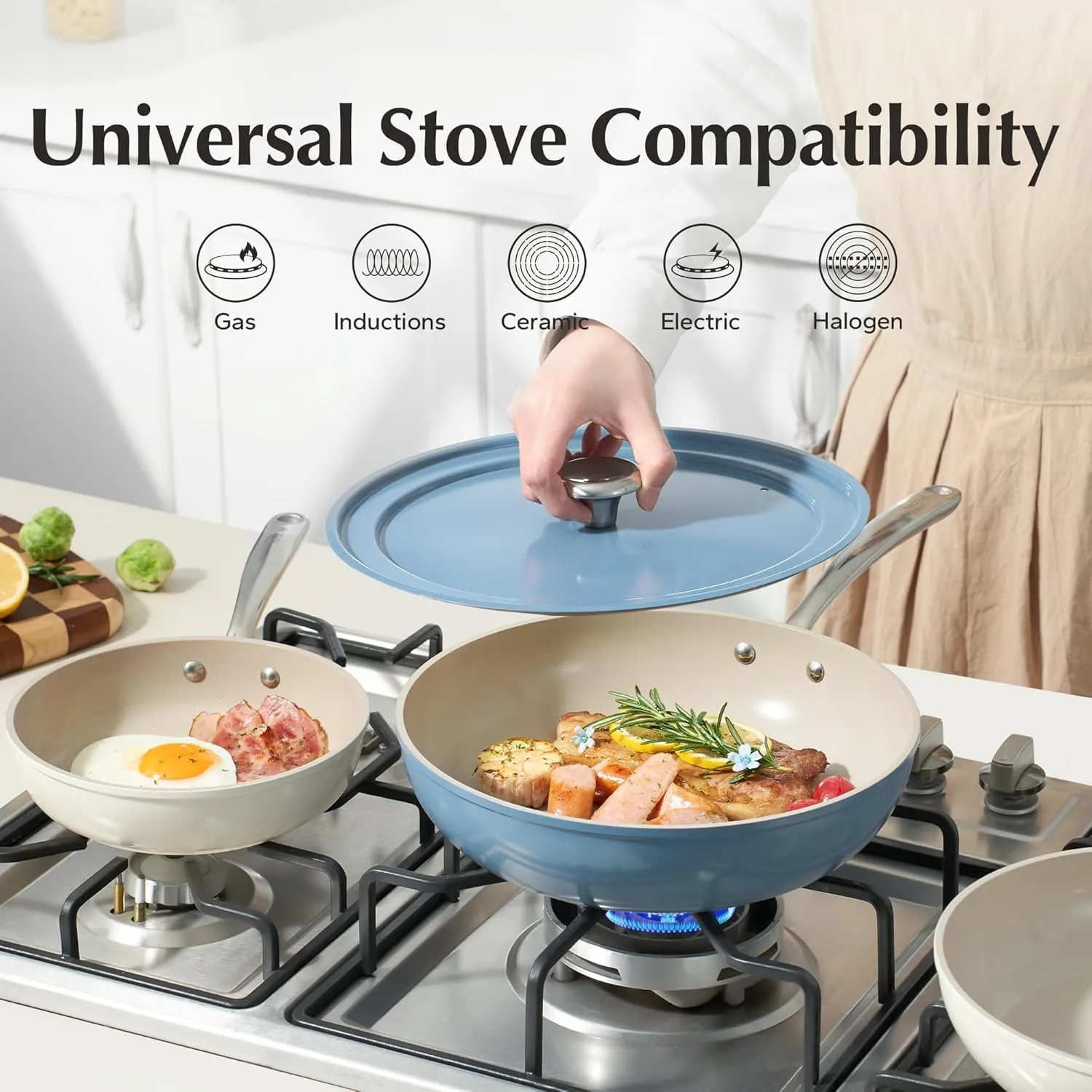 Redchef Nonstick Frying Pans Set, 4-Piece Ceramic Cookware Set, 8" 9.5" 11" Saute Pan Skillet, Non Toxic Pans for Cooking, Pots and Pans Set, PFAS & PTFE & PFOA Free, Dishwasher & Oven Safe, Blue