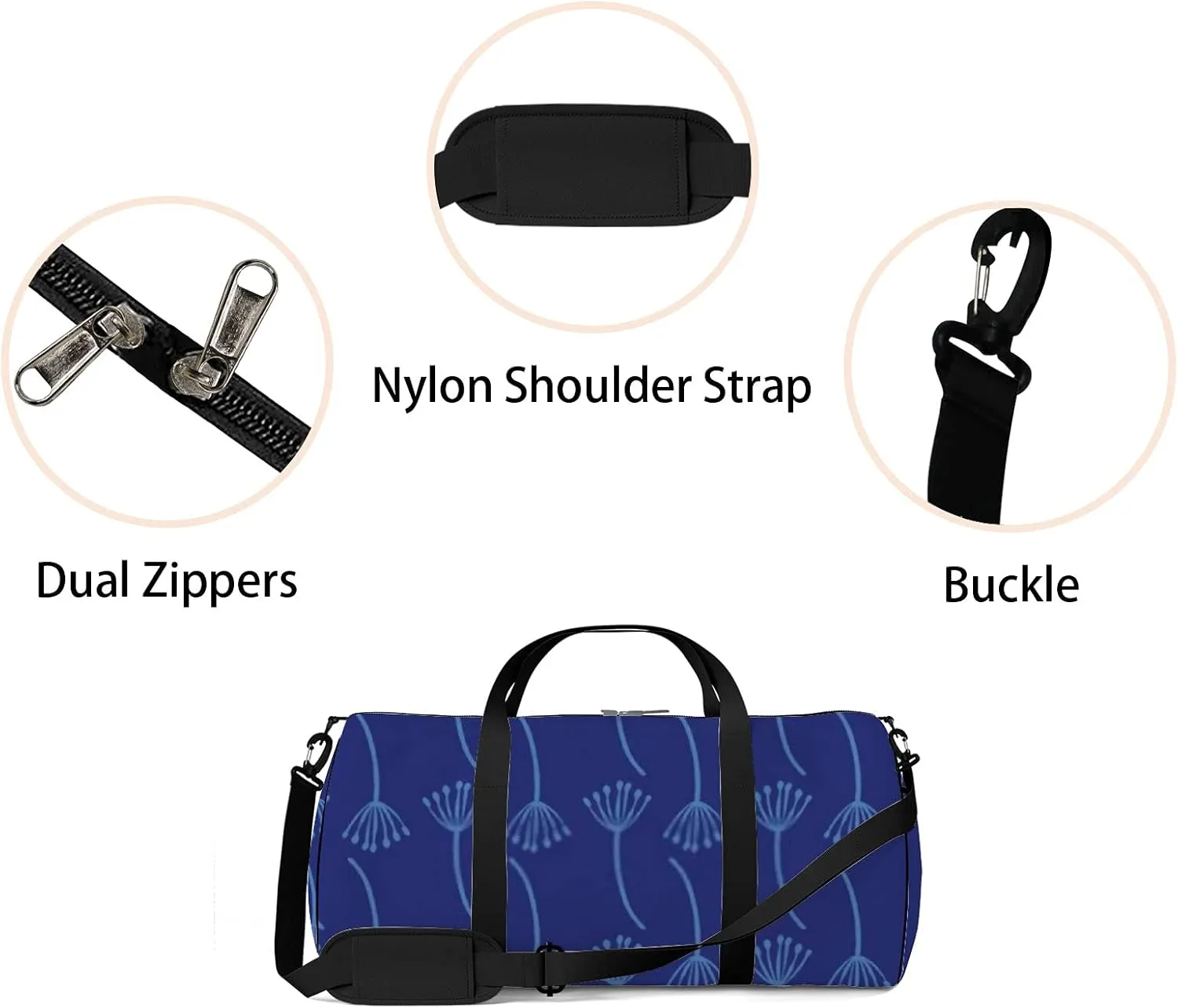 Retro Flowers On a Blue Indigo Sports Bag Tote Bag Waterproof Gym Bag with Shoulder Strap Zipper 2 Side Pockets for Men and Women, Travel and Storage Shoulder Bag.