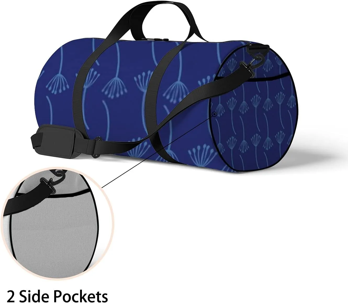 Retro Flowers On a Blue Indigo Sports Bag Tote Bag Waterproof Gym Bag with Shoulder Strap Zipper 2 Side Pockets for Men and Women, Travel and Storage Shoulder Bag.