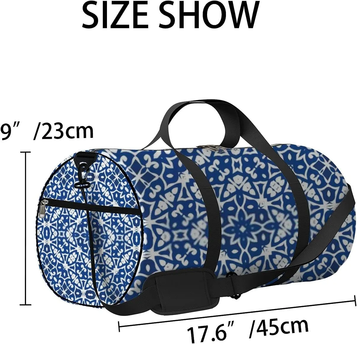 Retro Navy Blue Delicate Boho Pattern Sports Bag Tote Bag Waterproof Gym Bag with Shoulder Strap Zipper 2 Side Pockets for Men and Women, Travel and Storage Shoulder Bag.