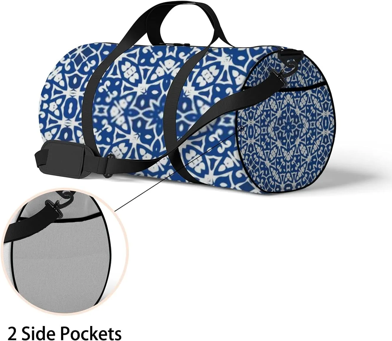 Retro Navy Blue Delicate Boho Pattern Sports Bag Tote Bag Waterproof Gym Bag with Shoulder Strap Zipper 2 Side Pockets for Men and Women, Travel and Storage Shoulder Bag.