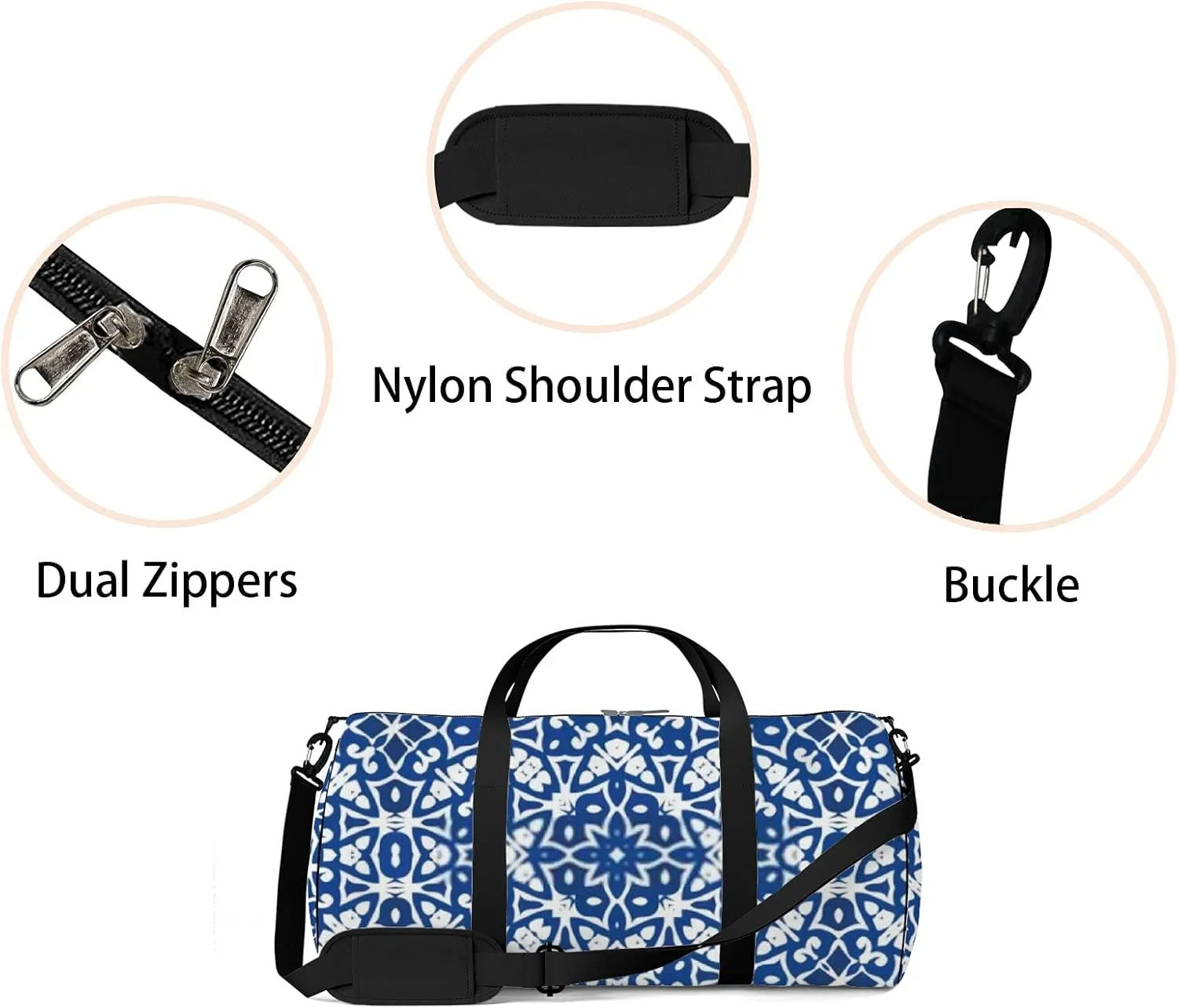 Retro Navy Blue Delicate Boho Pattern Sports Bag Tote Bag Waterproof Gym Bag with Shoulder Strap Zipper 2 Side Pockets for Men and Women, Travel and Storage Shoulder Bag.