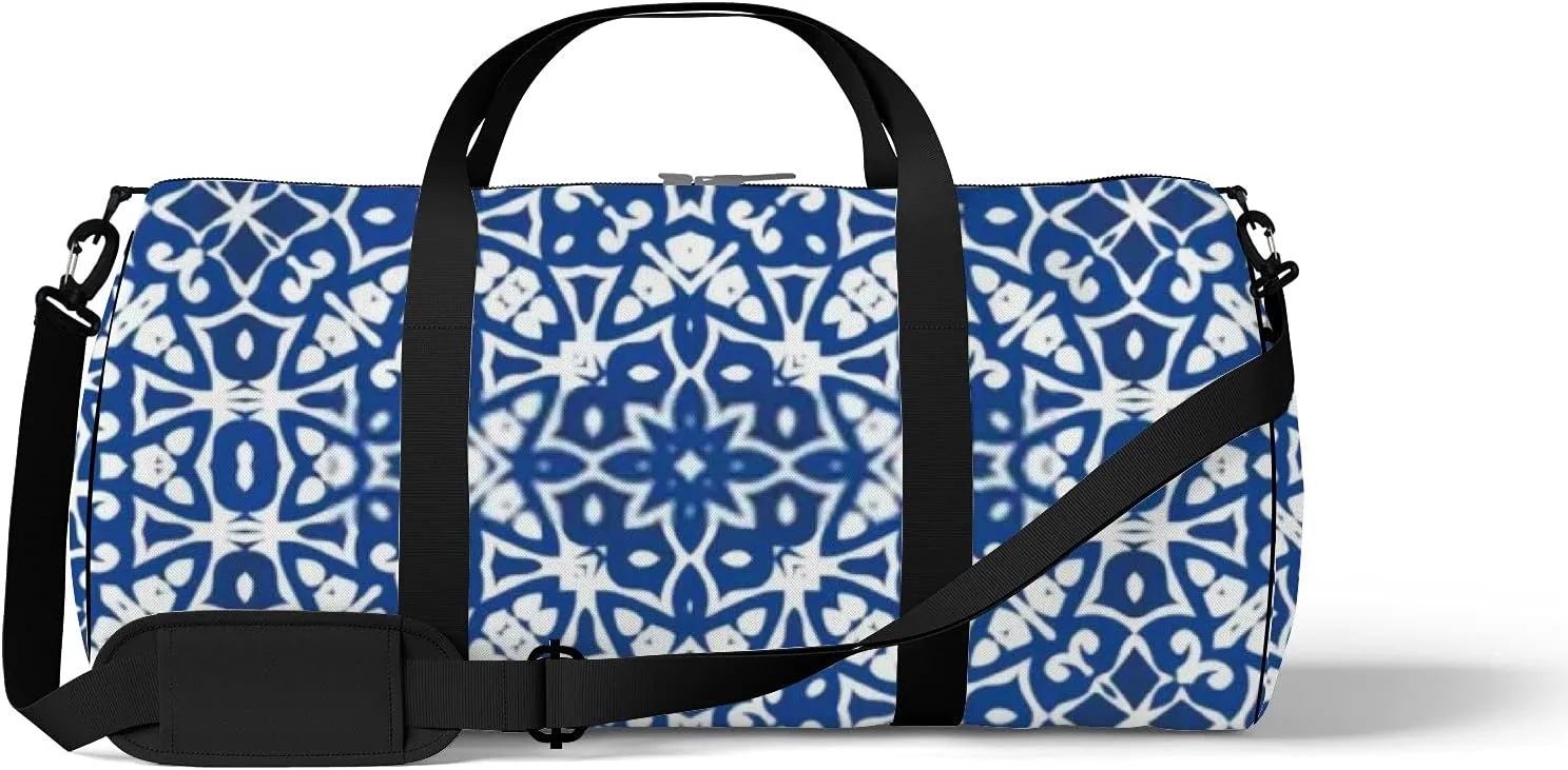 Retro Navy Blue Delicate Boho Pattern Sports Bag Tote Bag Waterproof Gym Bag with Shoulder Strap Zipper 2 Side Pockets for Men and Women, Travel and Storage Shoulder Bag.