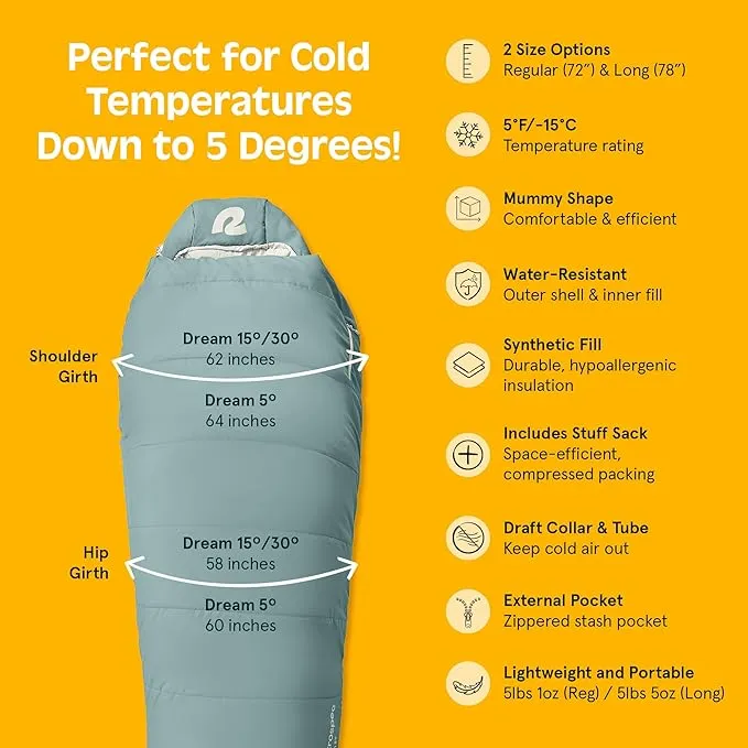 Retrospec Dream 5°, 15° 30° Sleeping Bag - Mummy Sleeping Bag for Camping, Insulated Cold Weather Sleeping Bag Lightweight Stuff Sack, Water-Resistant and Adjustable Draw Cords Adult Sleeping Bag