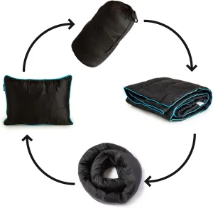 Ripstop Outdoor Camping Pillow and Blanket 3-in-1, Versatile Lightweight Nylon Waterproof Stadium Blanket, Ultralight Backpacking Essentials, Travel Blanket and Pillow Set - Black/Turquoise