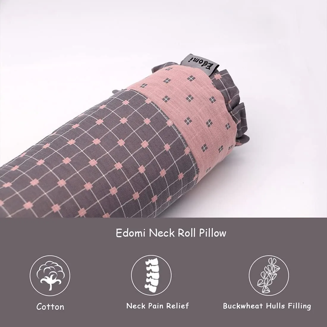 Round Neck Buckwheat Pillow, Neck Support Cervical Pillow for Side and Back Sleepers with Removable Washable Cover (16x4 inch, Grey)