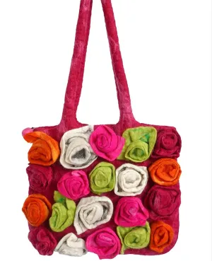 RU-01 Rose Shaped Felt Tote Bag With Several Colorful Roses Accessories On For Women Big Shoulder Bag Handbag Computer Bag Shopping Mummy Bag (One Size, Rose red)