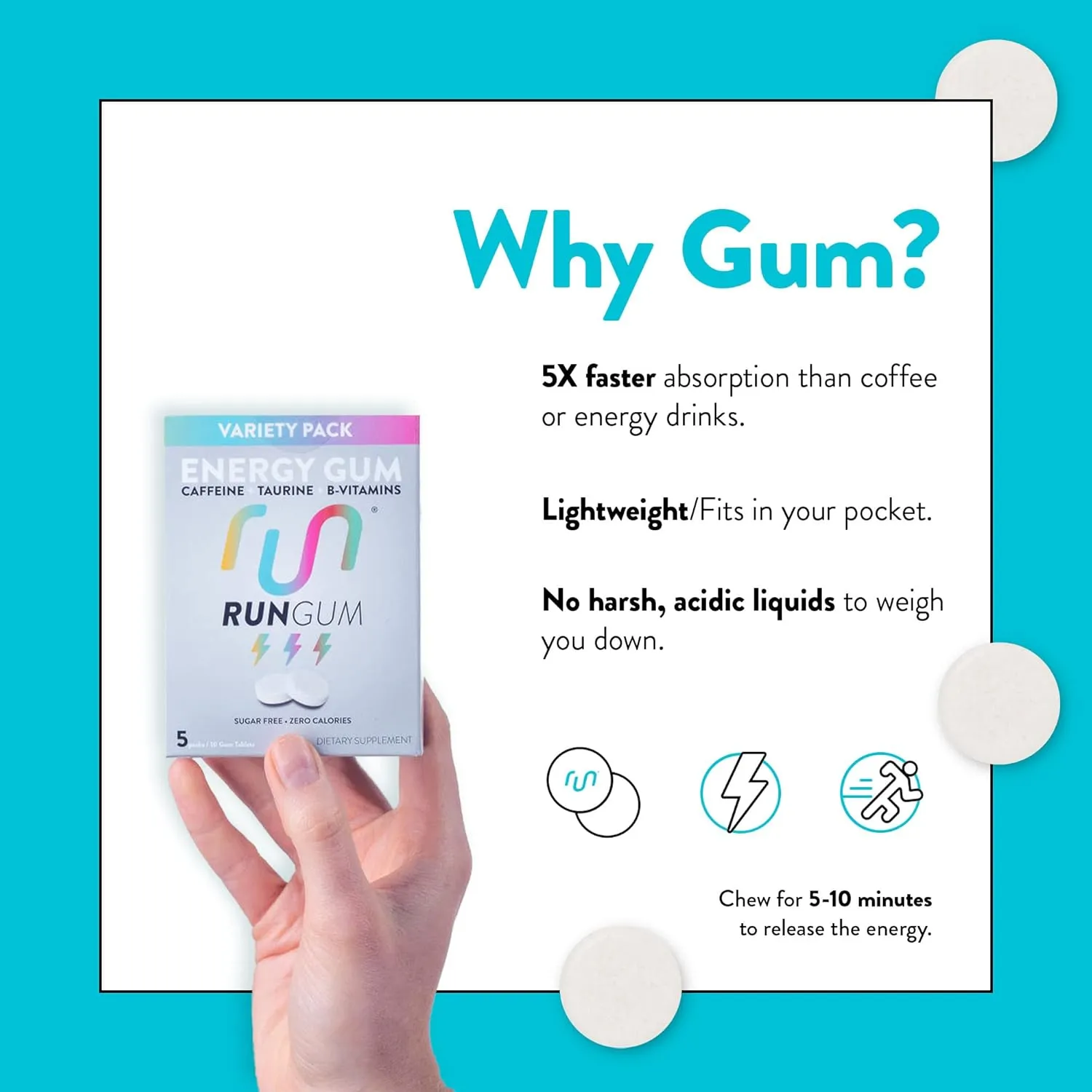 RUN GUM Variety PackEnergy Chewing Gum 50mg Caffeine Taurine & B-Vitamins Per Piece, 24 Pieces (Pack of 12) Sugar Free, Zero Calorie, No Aspartame, and Gluten Free