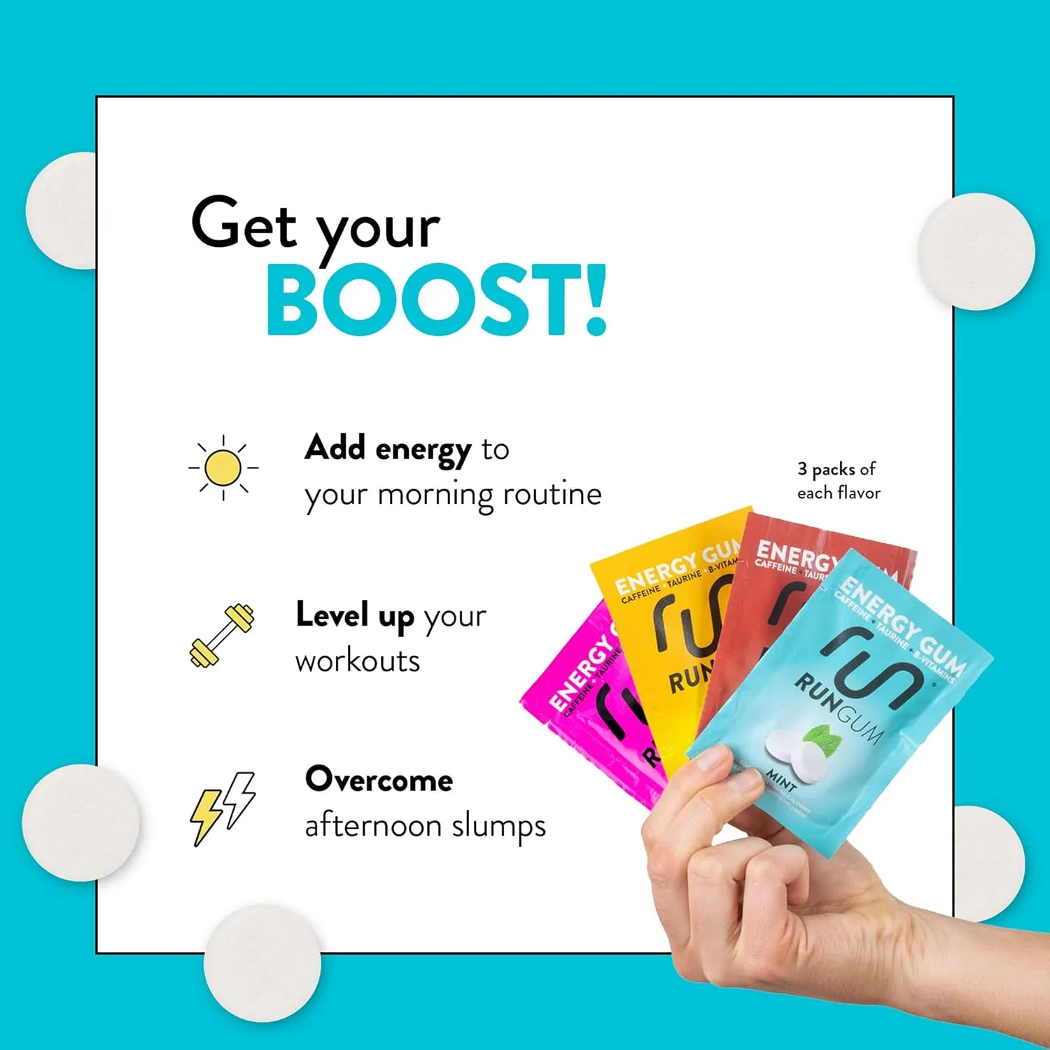 RUN GUM Variety PackEnergy Chewing Gum 50mg Caffeine Taurine & B-Vitamins Per Piece, 24 Pieces (Pack of 12) Sugar Free, Zero Calorie, No Aspartame, and Gluten Free