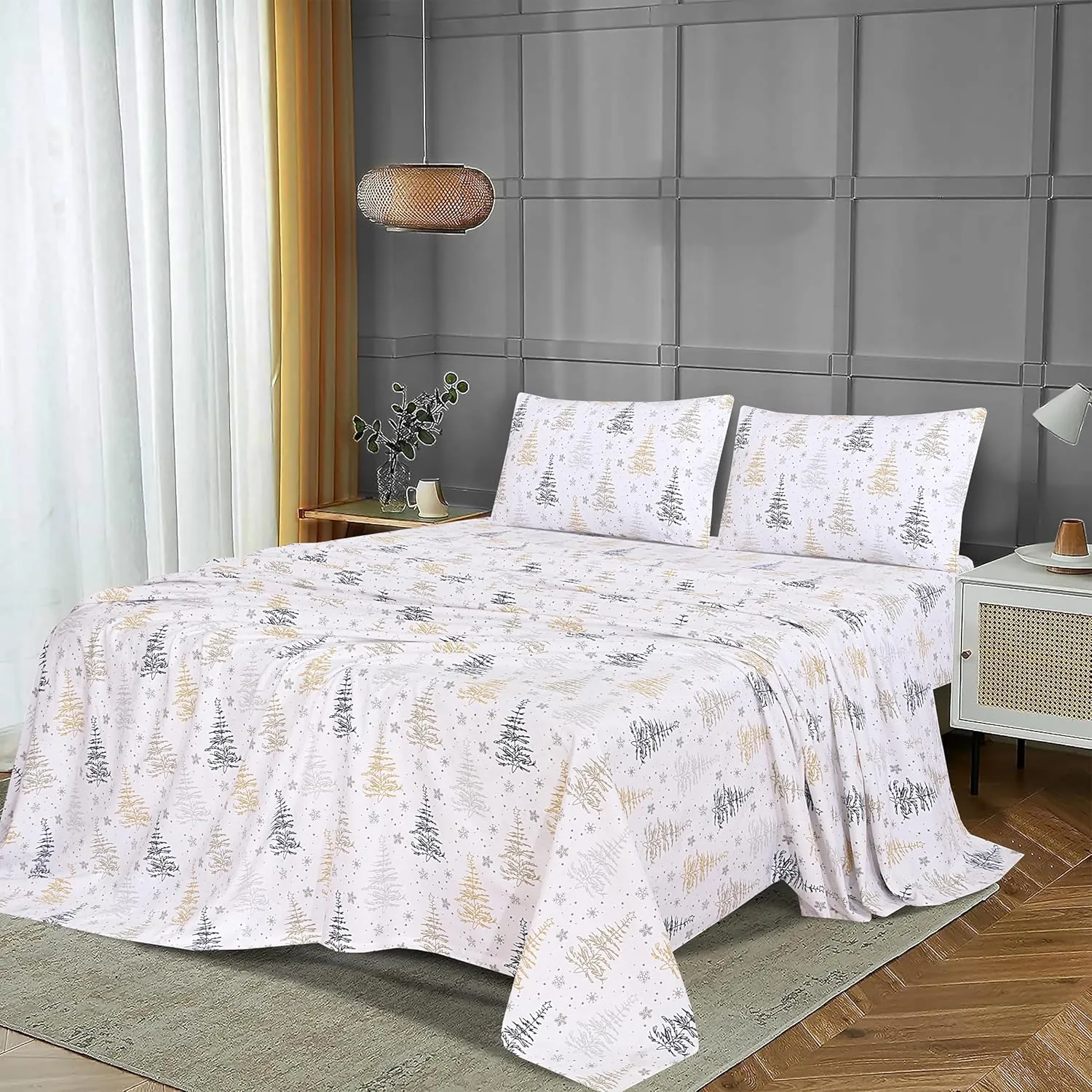 RUVANTI Flannel Sheets Full Size - 100% Cotton Double Brushed Bed Sheets Set, Deep Pockets 16 Inches, All Seasons Breathable & Extra Soft Full Sheets, Warm & Cozy, 4 Piece, Christmas Tree