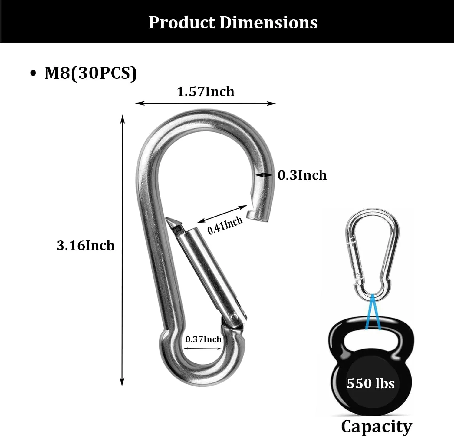 Safety Spring Snap Hooks, 2Inch 3Inch 4Inch Carabiner Quick Link Snap Hooks for Camping Hiking, 550LBS Holding Capacity Heavy Duty Steel Carabiner Clip Buckle for Swing Hammock Gym Outdoor