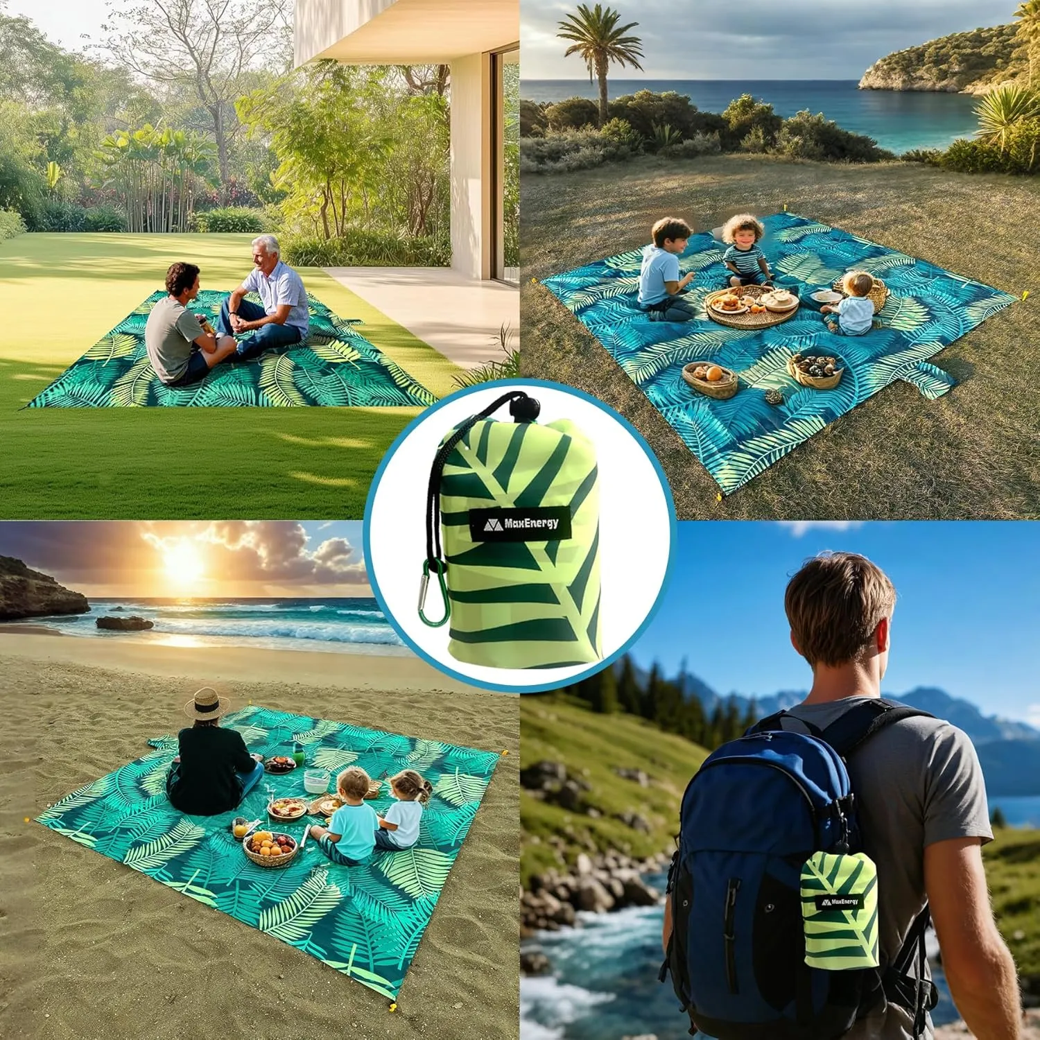 Sandproof Beach Blanket, Waterproof Extra Large & Lightweight Beach Mat & Accessories, for Hiking, Picnic, Travel, Camping. (Leaves 79in*79in)