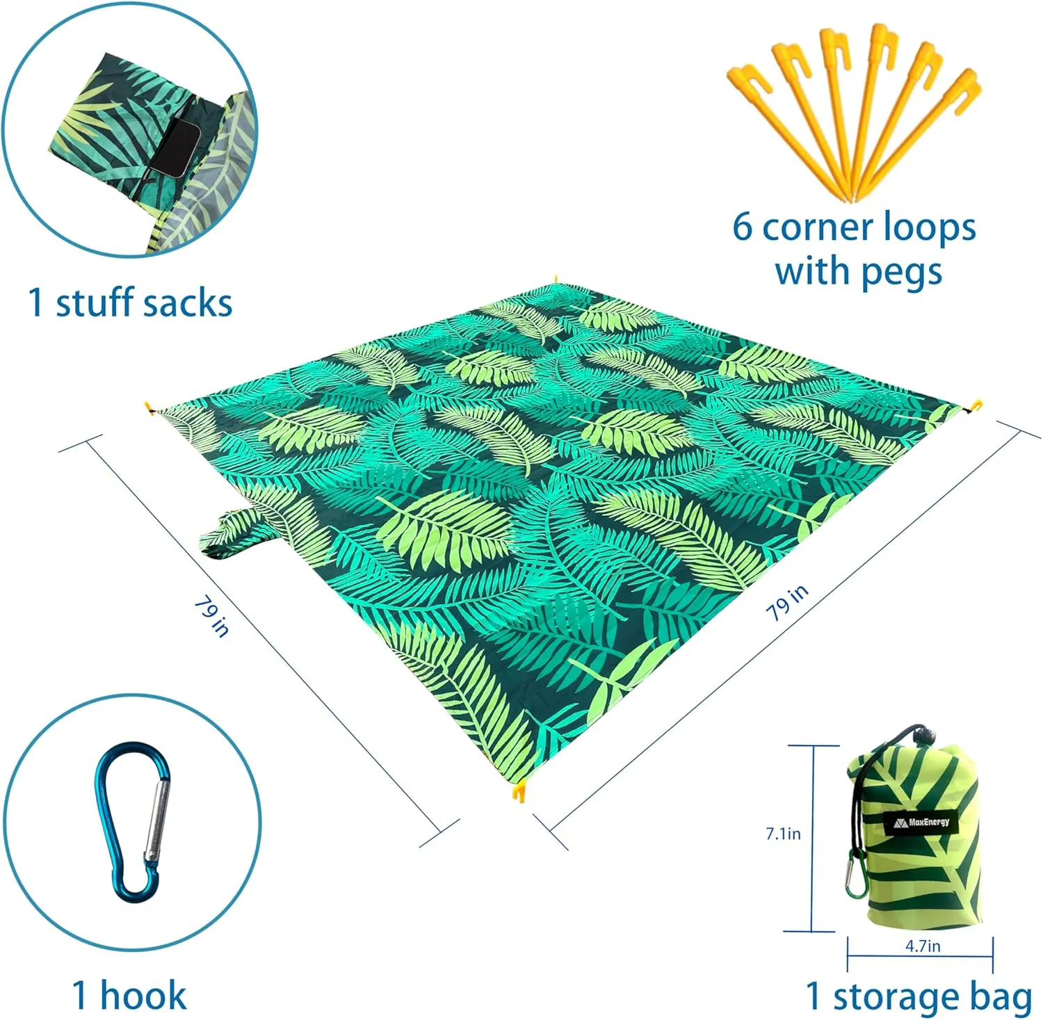 Sandproof Beach Blanket, Waterproof Extra Large & Lightweight Beach Mat & Accessories, for Hiking, Picnic, Travel, Camping. (Leaves 79in*79in)