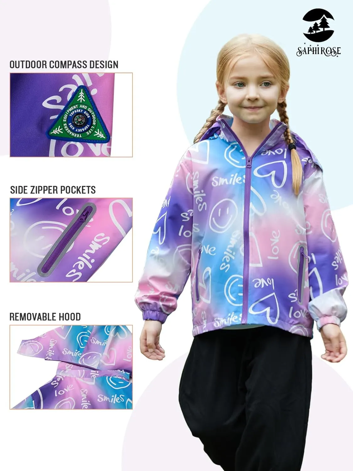 SaphiRose Kids Rain Jacket Waterproof Raincoat Mesh Lined Coat with Removable Hood for Boys Girls
