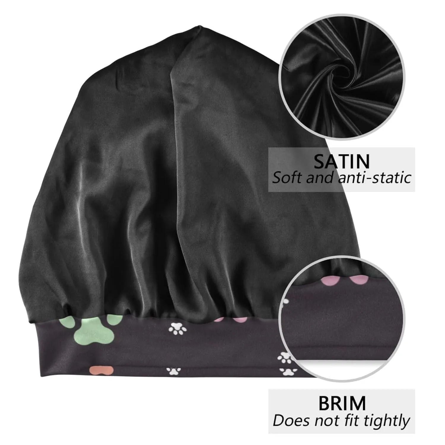 Satin Bonnet Wrap for Sleeping - Lined Sleep Cap for Curly Hair Women & Men - Animal Footprints