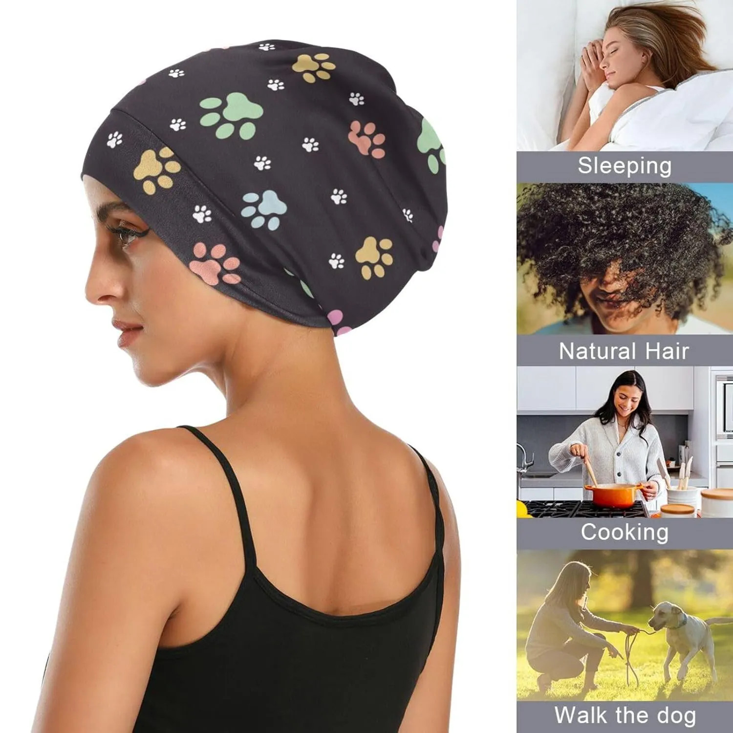 Satin Bonnet Wrap for Sleeping - Lined Sleep Cap for Curly Hair Women & Men - Animal Footprints