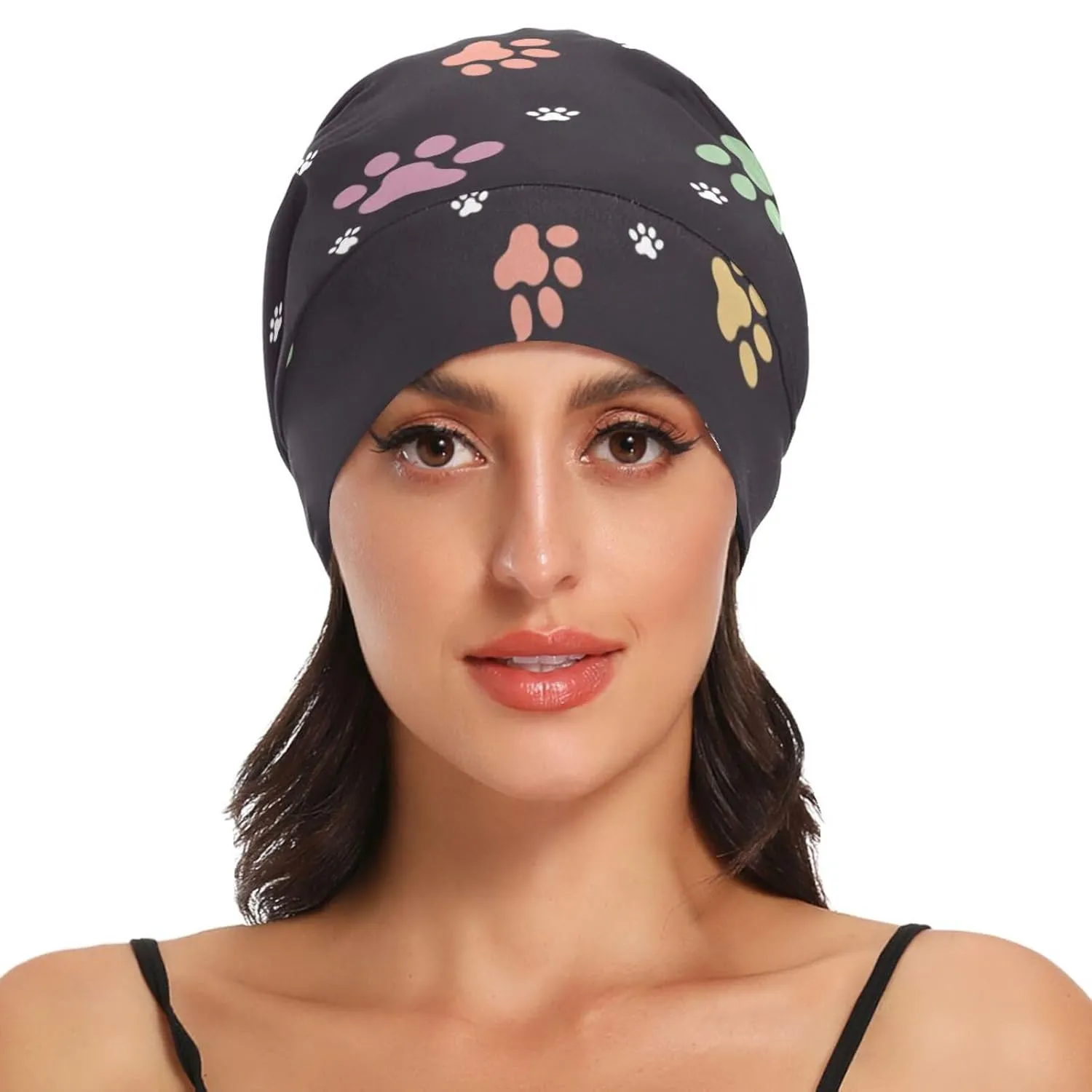 Satin Bonnet Wrap for Sleeping - Lined Sleep Cap for Curly Hair Women & Men - Animal Footprints