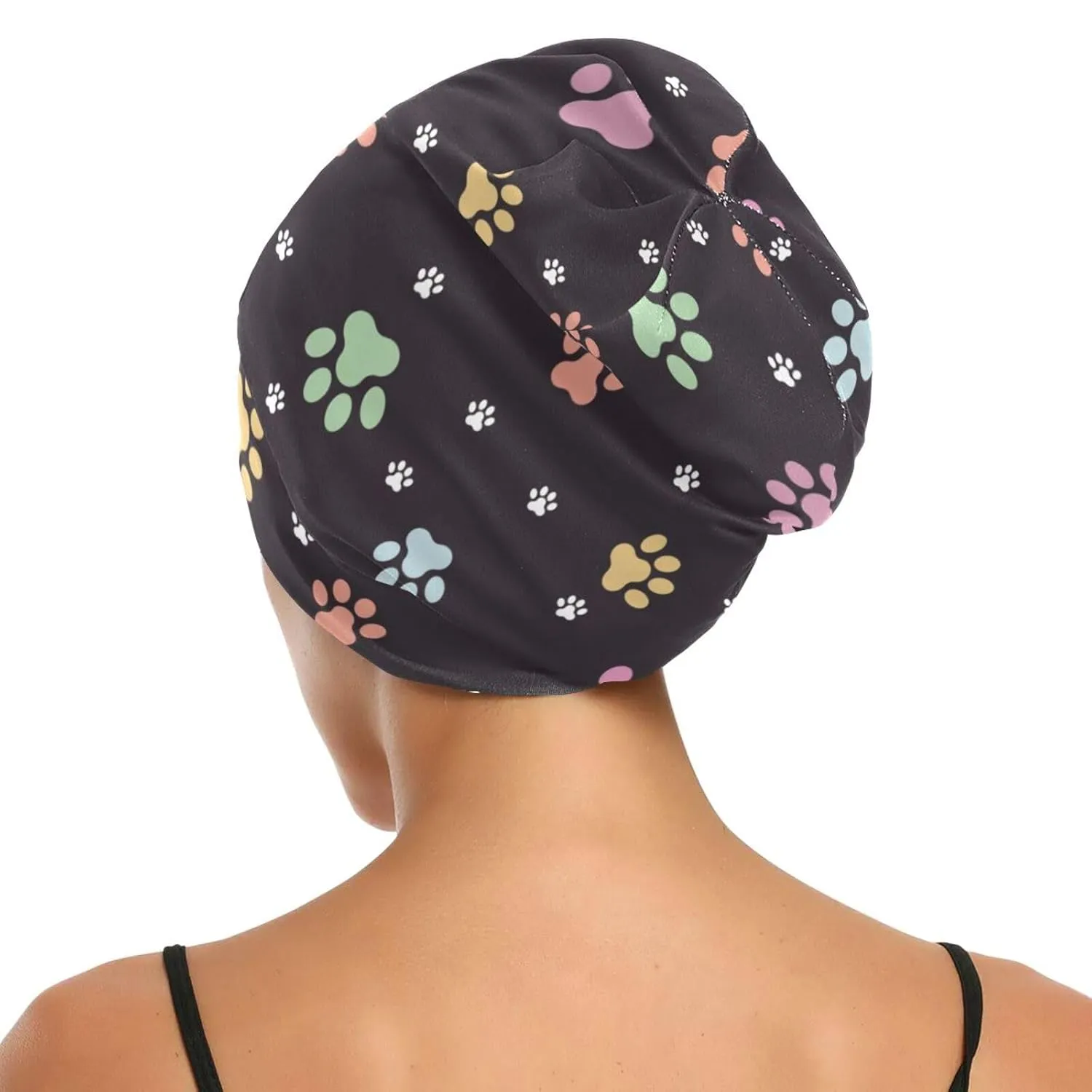 Satin Bonnet Wrap for Sleeping - Lined Sleep Cap for Curly Hair Women & Men - Animal Footprints