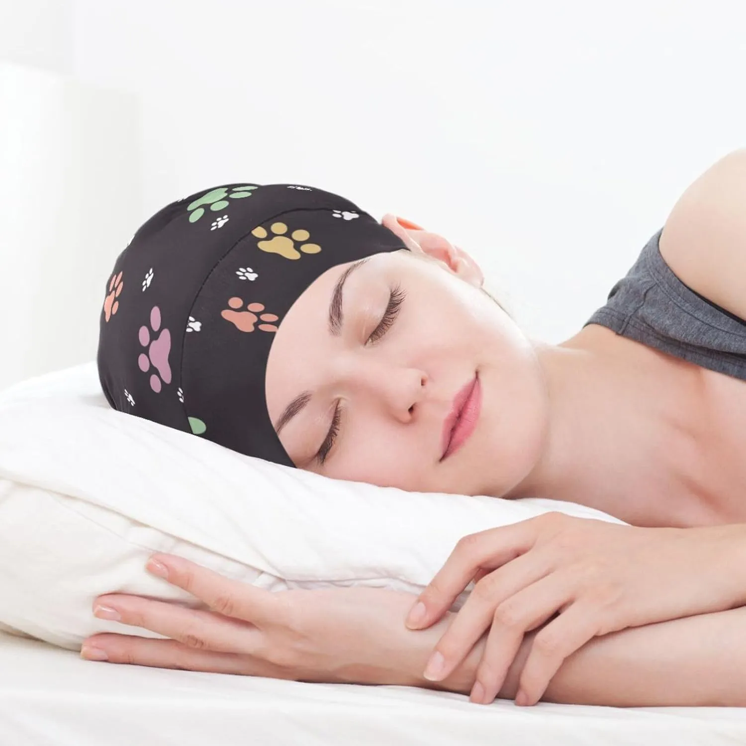Satin Bonnet Wrap for Sleeping - Lined Sleep Cap for Curly Hair Women & Men - Animal Footprints