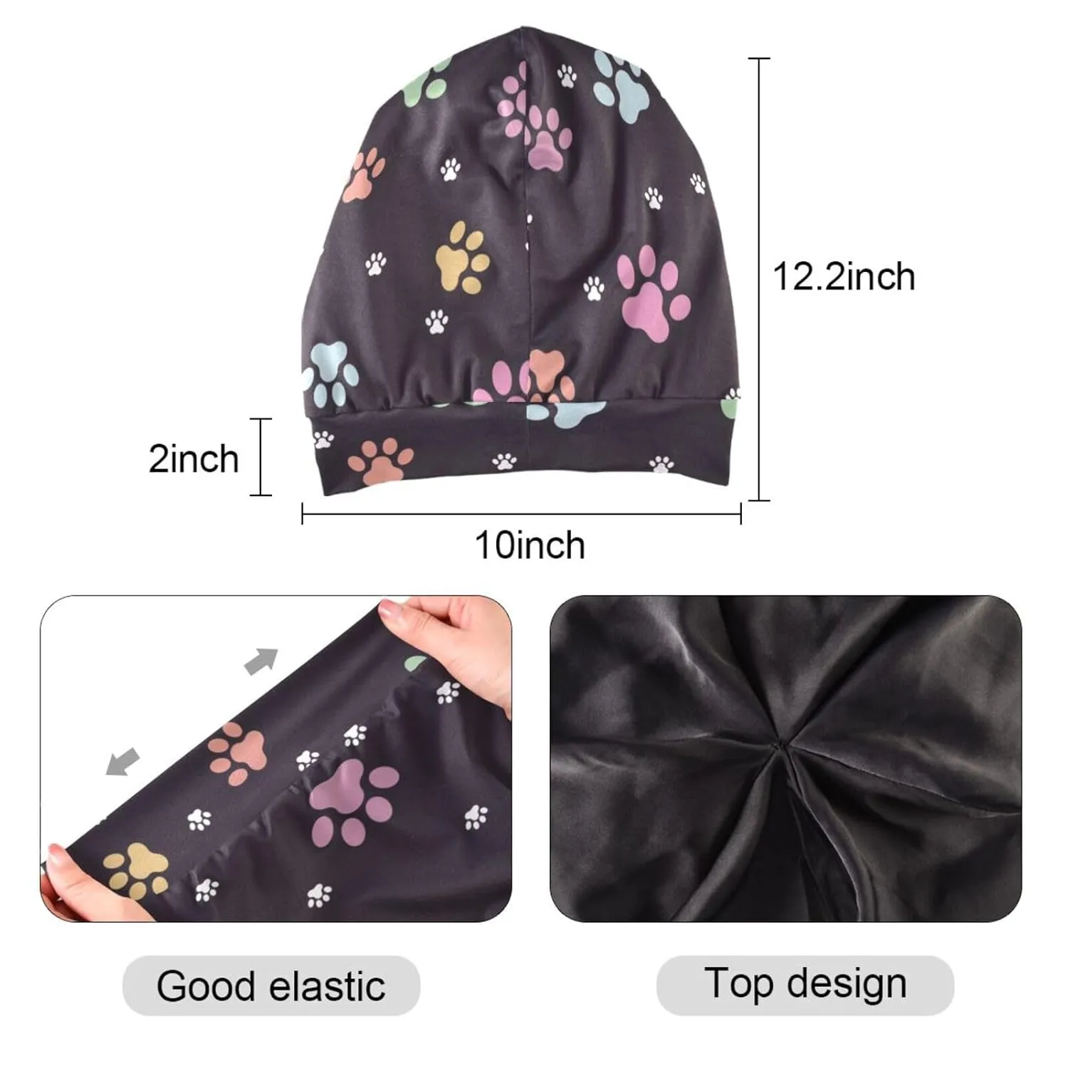 Satin Bonnet Wrap for Sleeping - Lined Sleep Cap for Curly Hair Women & Men - Animal Footprints