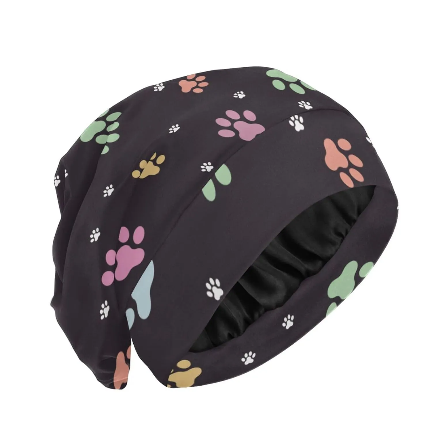 Satin Bonnet Wrap for Sleeping - Lined Sleep Cap for Curly Hair Women & Men - Animal Footprints