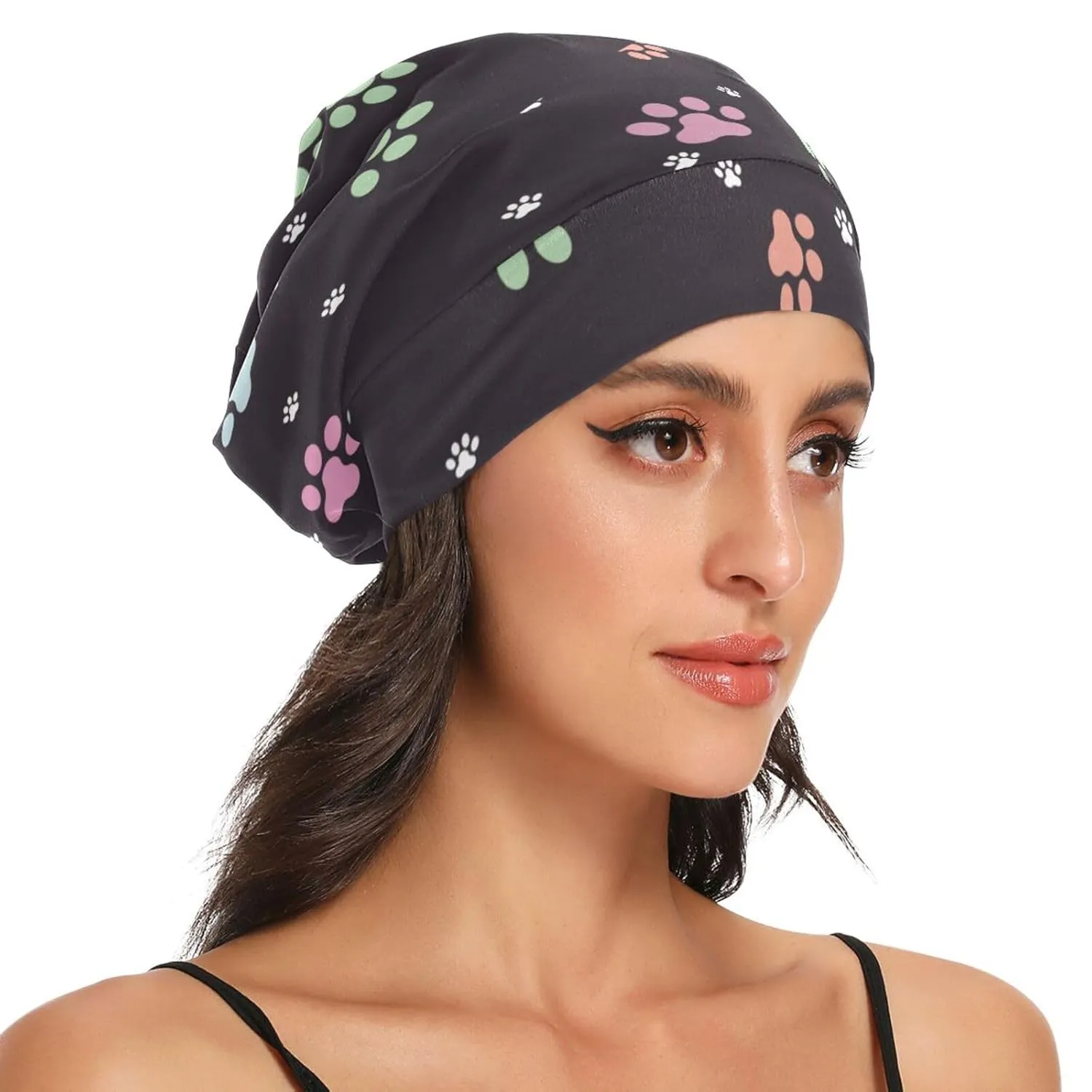 Satin Bonnet Wrap for Sleeping - Lined Sleep Cap for Curly Hair Women & Men - Animal Footprints