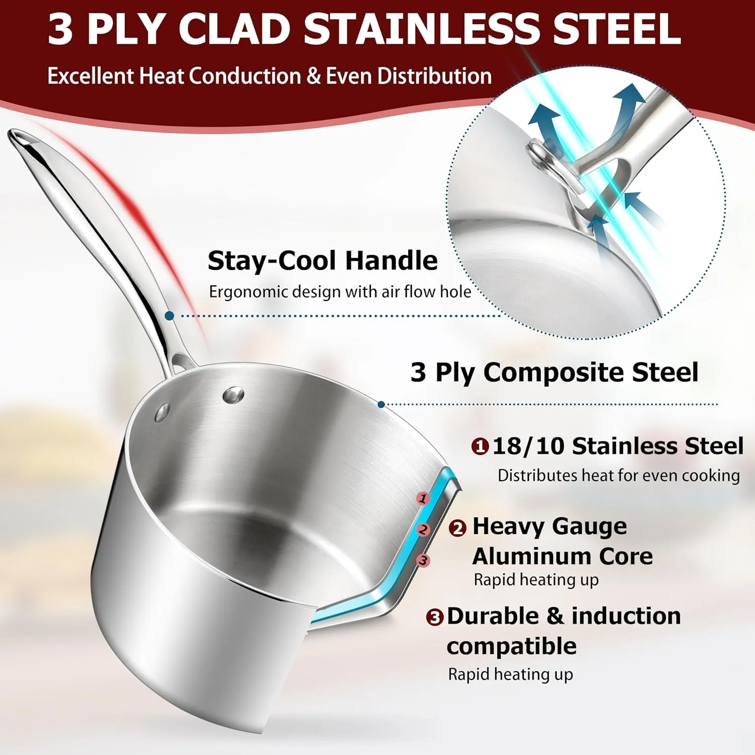 Saucepan Set of 6, Homikit 1QT & 2QT & 3QT 18/10 Stainless Steel Sauce Pans with Lids, Nonstick Tri-Ply Bottom Induction Compatible Small Cooking Pot kitchen Cookware Set, Dishwasher & Oven Safe