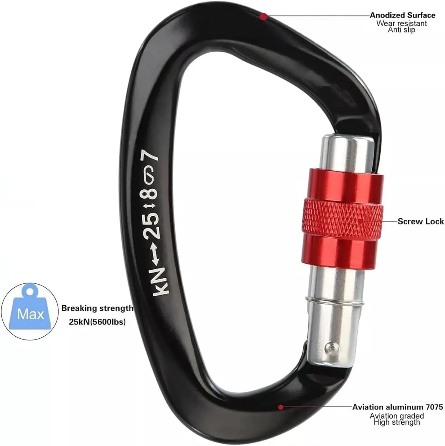 Screw Lock Carabiner, 25KN Auto Locking Carabiner Clip Stainless D-Shape Hook for Climbing Rock, Pack of 5
