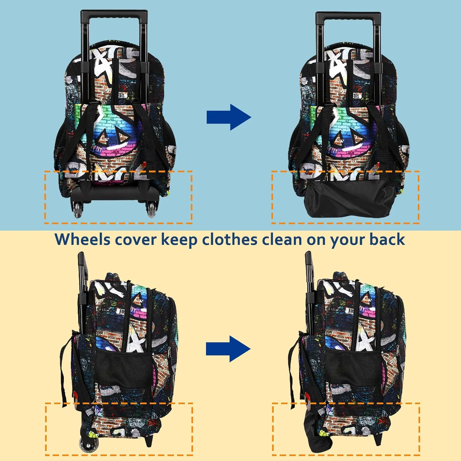 seastig Rolling Backpack 18in Double Handle Backpack Kids Wheeled Backpack Roller Backpack with Lunch Bag Set Girls Boys