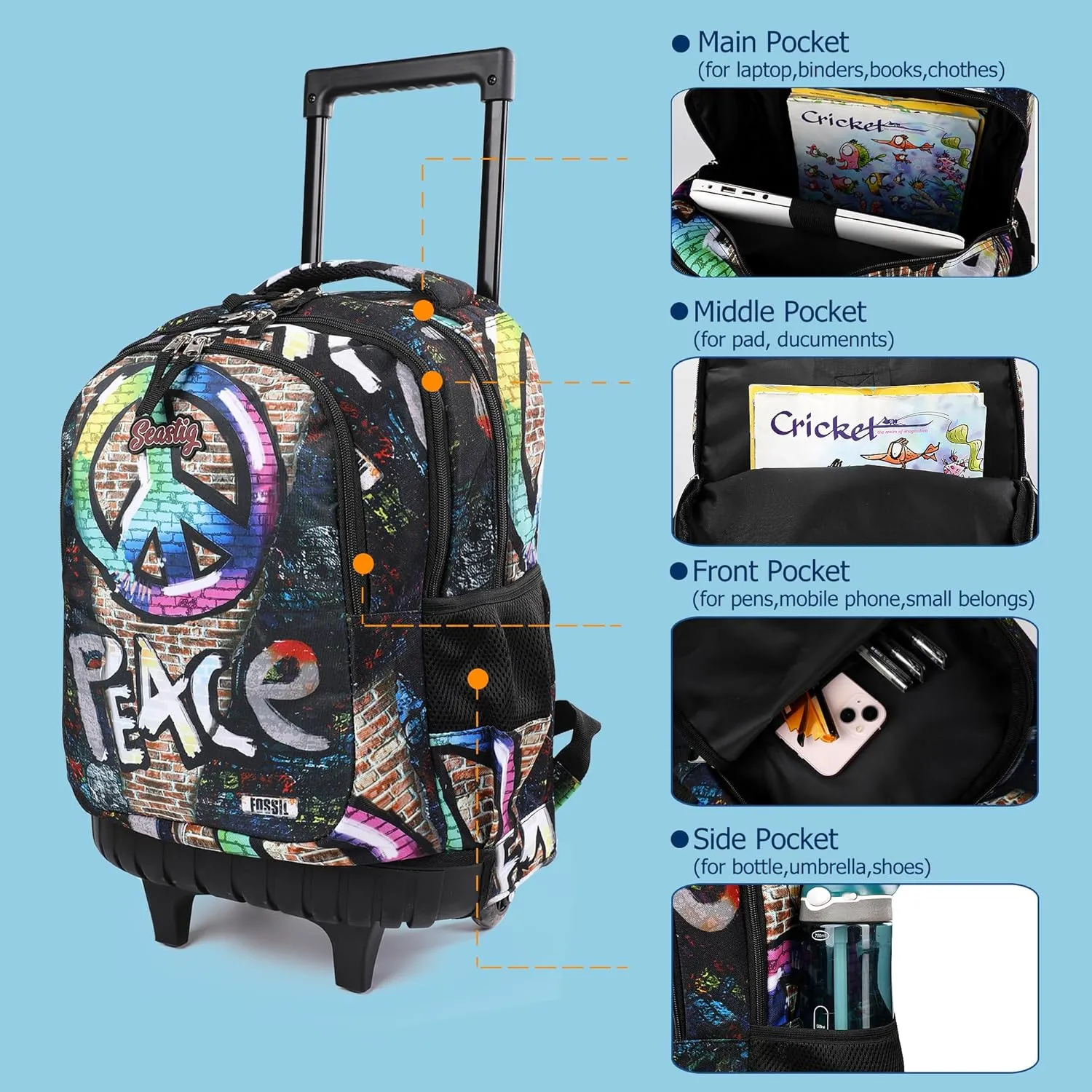 seastig Rolling Backpack 18in Double Handle Backpack Kids Wheeled Backpack Roller Backpack with Lunch Bag Set Girls Boys
