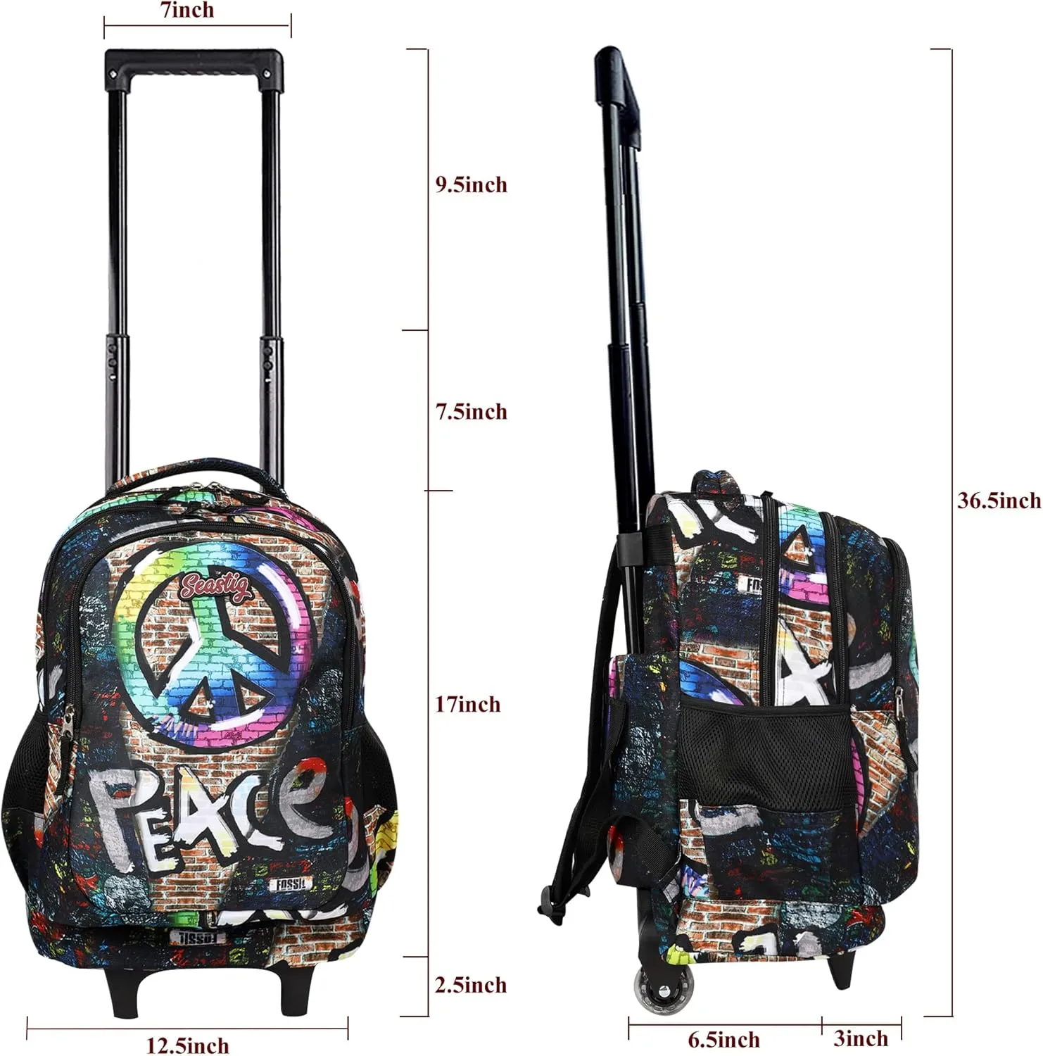 seastig Rolling Backpack 18in Double Handle Backpack Kids Wheeled Backpack Roller Backpack with Lunch Bag Set Girls Boys