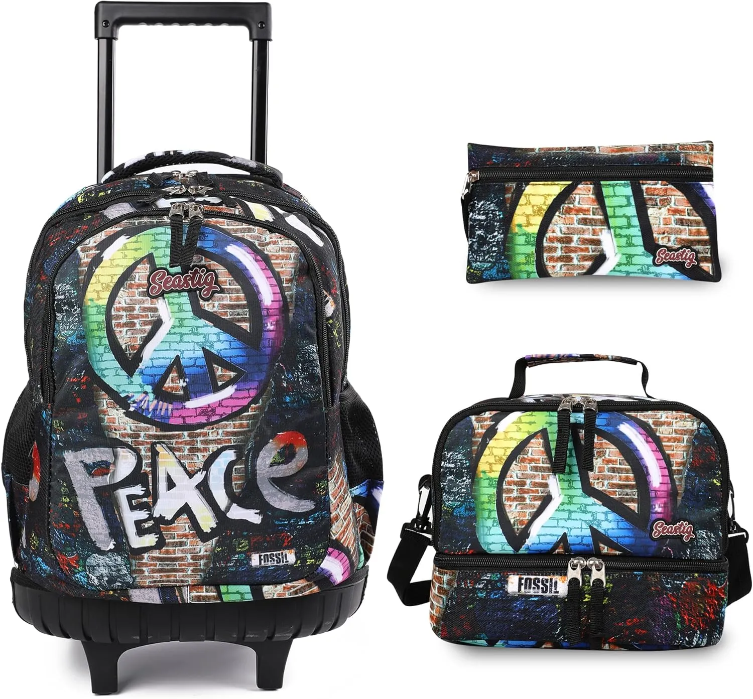 seastig Rolling Backpack 18in Double Handle Backpack Kids Wheeled Backpack Roller Backpack with Lunch Bag Set Girls Boys