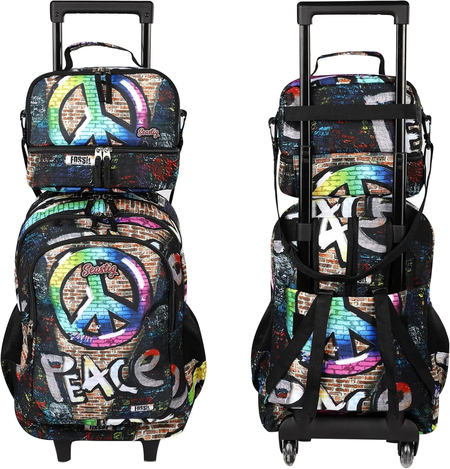 seastig Rolling Backpack 18in Double Handle Backpack Kids Wheeled Backpack Roller Backpack with Lunch Bag Set Girls Boys