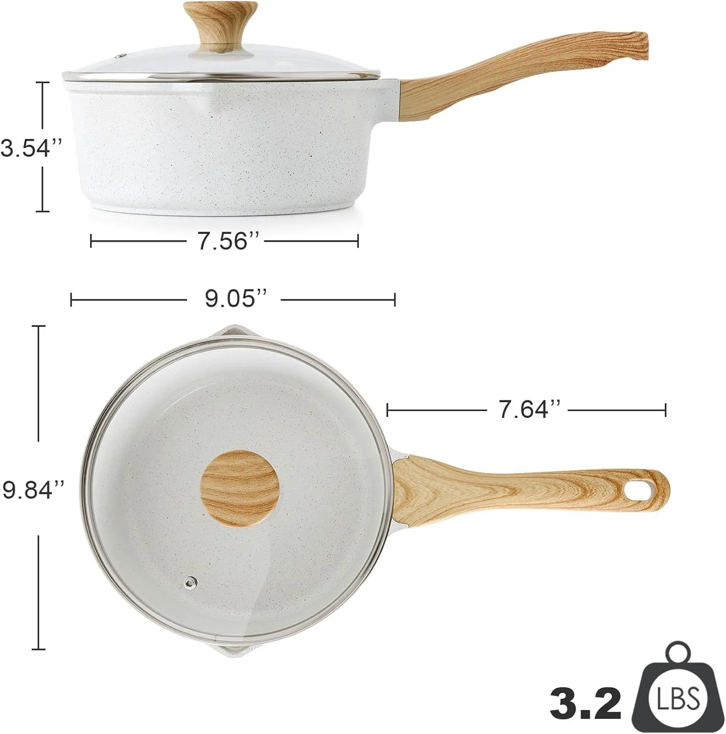 SENSARTE White Ceramic Nonstick Saucepan with Double Spout 3.0 Quarts, Medium Cooking Pot with Stay Cool Handle, Induction Compatible Saucepot with Lid, White Granite Coating, PFOA/PFAS Free